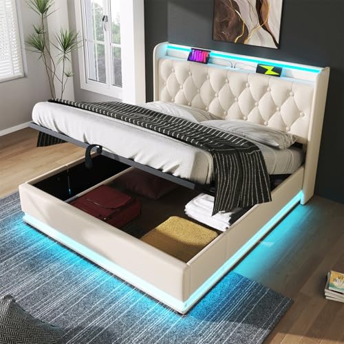 Polsterbett einzelbett, 360-Surround-LED-Funktion, Drucktaste/App/Fernbedienung, Hydraulisches Lagerbett, gepolstertes Kopfteil mit USB Typ-C Ladefunktion (Ohne Matratze),140 * 200cm-White von GYQSSD