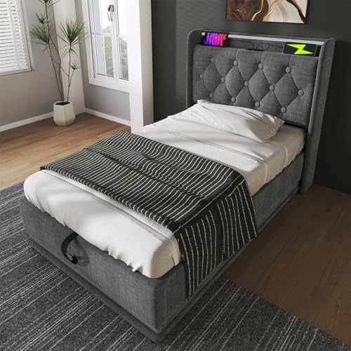 Polsterbett mit 360-Surround-LED-Funktion, Einzelbett mit Hydraulische Speicherfunktion, Gepolstertes Kopfteil mit USB-Typ-C Ladefunktion, Ohne Matratze,140 * 200cm-Grey Polsterbett mit 360-Surround-LED-Funktion, Einzelbett mit Hydraulische Speicherfunktion, Gepolstertes Kopfteil mit USB-Typ-C Ladefunktion, Ohne Matratze,140 * 200cm-Grey von GYQSSD