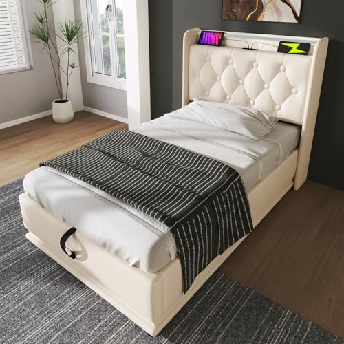 Polsterbett mit 360-Surround-LED-Funktion, Einzelbett mit Hydraulische Speicherfunktion, Gepolstertes Kopfteil mit USB-Typ-C Ladefunktion, Ohne Matratze,180 * 200cm-White Polsterbett mit 360-Surround-LED-Funktion, Einzelbett mit Hydraulische Speicherfunktion, Gepolstertes Kopfteil mit USB-Typ-C Ladefunktion, Ohne Matratze,180 * 200cm-White von GYQSSD