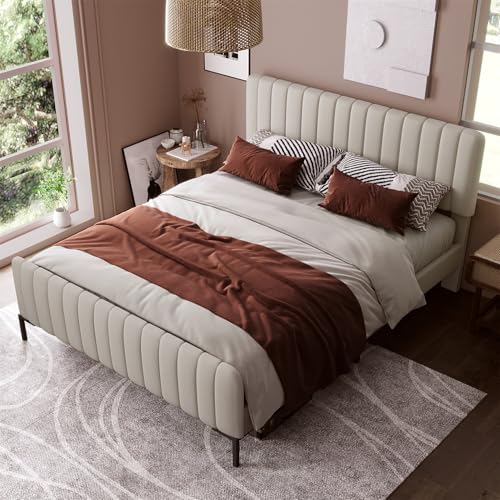 Polsterbett mit Lattenrost Rückenlehne, Einzelbett Doppelbett Jugendbett mit Verstellbares Kopfteil, Hautfreundliche Leinenmaterial, Gepolstertes bett in Grau-Beige, Ohne Matratze,90 * 200cm von GYQSSD