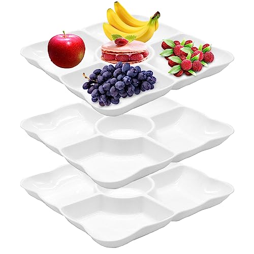 GYSRXS 3 Stück Snackteller mit Fächern 5 Fach Snack Teiler Tablett Obstteller mit Fächern aus Kunststoff Wiederverwendbar Dauerhaft für Nüsse Desserts frische Snacks(Weiß) von GYSRXS