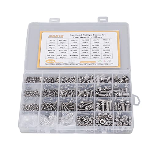 GYZOUKA 480pcs Screw Nut Waschmaschine Sortiment Kit Combo 304 Edelstahl M2 M2,5 M3 M4 M5 M6 mit Flachem Kopf für Profis Reparaturmänner von GYZOUKA