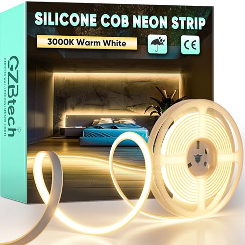 GZBtech AC 230V COB LED Streifen 3M, Silikon Warmweiss 3000K Wasserdicht 286LEDs/M Dimmbar Outdoor Neon Lichtleiste LED Strip Light für Schlafzimmer, Wand, Küche, Wohnzimmer,DIY Dekoration von GZBtech