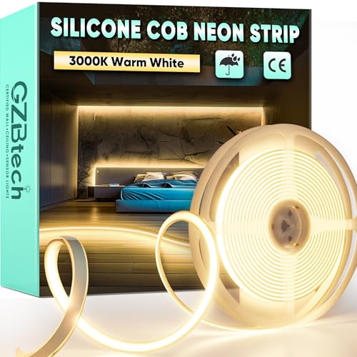 GZBtech AC 230V COB LED Streifen 5M, Silikon Warmweiss 3000K Wasserdicht 286LEDs/M Dimmbar Outdoor Neon Lichtleiste LED Strip Light für Schlafzimmer, Wand, Küche, Wohnzimmer,DIY Dekoration von GZBtech