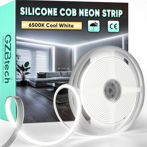 GZBtech AC 230V COB LED Streifen 5M, Silikon Weiß 6500K Wasserdicht 286LEDs/M Dimmbar Outdoor Neon Lichtleiste LED Strip Light für Schlafzimmer, Wand, Küche, Wohnzimmer,DIY Dekoration von GZBtech