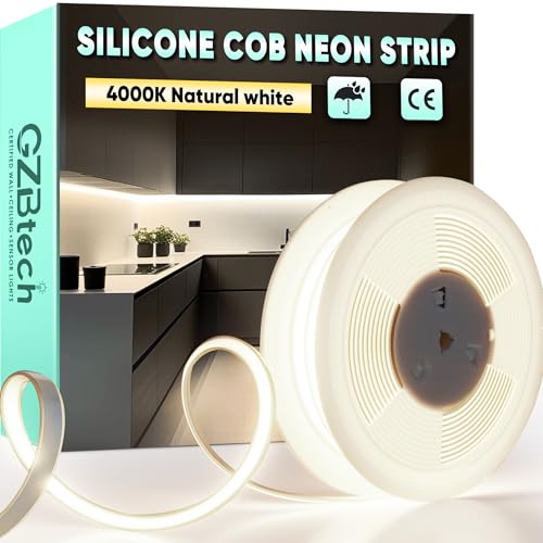 GZBtech AC 230V COB LED Streifen 10M, Silikon Neutralweiss 4000K Wasserdicht 286LEDs/M Dimmbar Outdoor Neon Lichtleiste LED Strip Light für Schlafzimmer, Wand, Küche, Wohnzimmer,DIY Dekoration von GZBtech