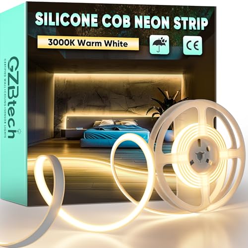 GZBtech AC 230V COB LED Streifen 1M, Silikon Warmweiss 3000K Wasserdicht 286LEDs/M Dimmbar Outdoor Neon Lichtleiste LED Strip Light für Schlafzimmer, Wand, Küche, Wohnzimmer,DIY Dekoration von GZBtech