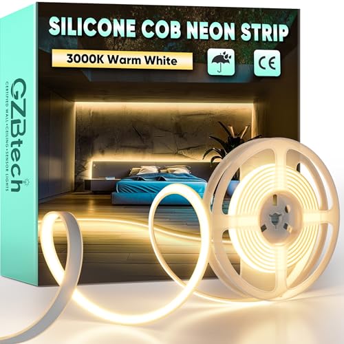 GZBtech AC 230V COB LED Streifen 2M, Silikon Warmweiss 3000K Wasserdicht 286LEDs/M Dimmbar Outdoor Neon Lichtleiste LED Strip Light für Schlafzimmer, Wand, Küche, Wohnzimmer,DIY Dekoration von GZBtech