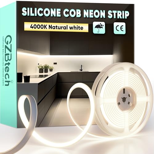 GZBtech AC 230V COB LED Streifen 3M, Silikon Neutralweiss 4000K Wasserdicht 286LEDs/M Dimmbar Outdoor Neon Lichtleiste LED Strip Light für Schlafzimmer, Wand, Küche, Wohnzimmer,DIY Dekoration von GZBtech