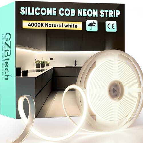 GZBtech AC220-240V COB LED Streifen 5M, Silikon Neutralweiss 4000K Wasserdicht 286LEDs/M Dimmbar Outdoor Neon Lichtleiste LED Strip Light für Schlafzimmer, Wand, Küche, Wohnzimmer,DIY Dekoration von GZBtech