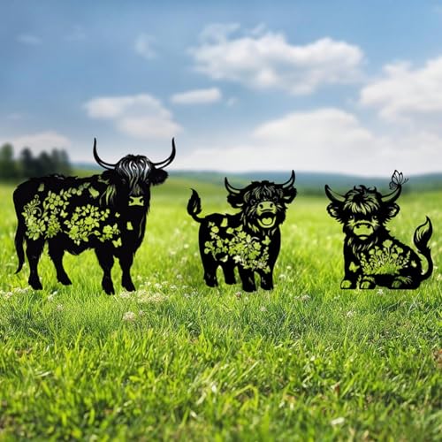 GZDDYUMYJX Metall Hochlandrind Dekor für draußen,3 Stück Schwarze Hochlandrind Silhouette Statuen Garten Dekor für draußen, Outdoor Dekor, Garten Kunst, Rasen Ornamente, Geschenke von GZDDYUMYJX