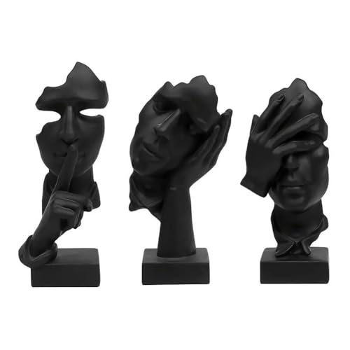 Skulpturen deko Denker Statue, 3 Stück Denker Statue, Stille ist Gold abstrakte Kunstfigur, moderne Zuhause Harz Skulpturen dekorative Objekte Dekor für Home Office Bücherregal Desktop (Schwarz) von GZDDYUMYJX