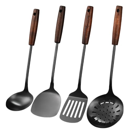 Wok-Pfannenwender,Schöpflöffel, Schaumlöffel und Spachtel Werkzeugset, 304 Edelstahl 4-teiliges Wok Schaufel Set, Küchenhelfer Set (Schwarz) von GZDDYUMYJX