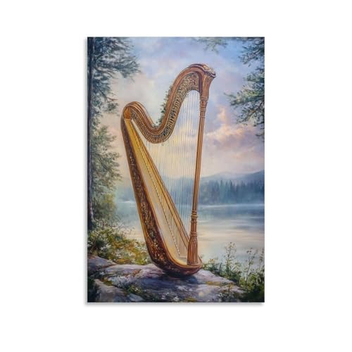 GZHJZSYY Ölgemälde mit Musikinstrumenten – Harfe steht allein im nebligen Morgenlicht mit zarten Schnurdetails, modernes Wandbild, Kunst, dekoratives Poster zum Aufhängen, 60 x 90 cm von GZHJZSYY