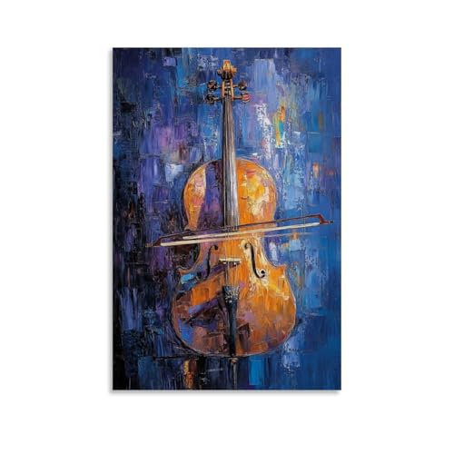 GZHJZSYY Ölgemälde mit Musikinstrumenten – Stimmungsvolles Cello in blauer Dämmerung, Strings glitzernd mit Impasto-Pinselstrichen des Mondlichts, modernes Wandbild, Kunst, dekoratives Poster zum von GZHJZSYY
