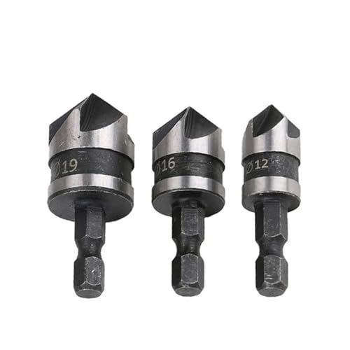 GZHXF 3-teiliges Holzbearbeitungs-Sechskantschaft-5-Flöten-90-Grad-Fasenfräser-Senkerbohrer-Set 12/16/19 mm von GZHXF