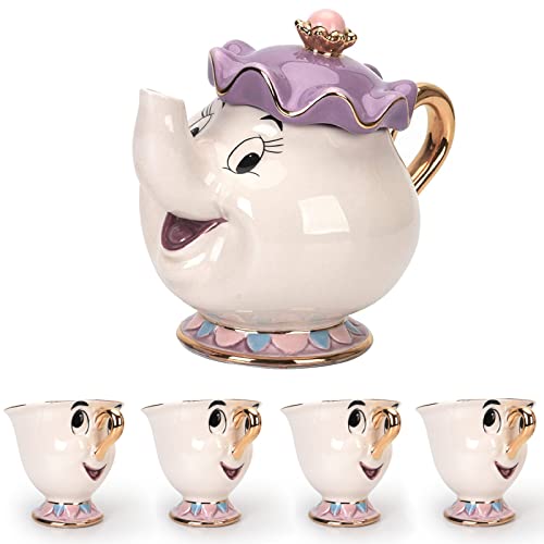 GZHaiTuoSi Teekanne mit Cartoon-Motiv "Die Schöne und das Biest", Mrs Potts Chips, Teekanne, Tasse, 1 Set, schöne Teekanne und vier Chips, Teeparty-Set, Geschenke für Jungen, Mädchen und von GZHaiTuoSi