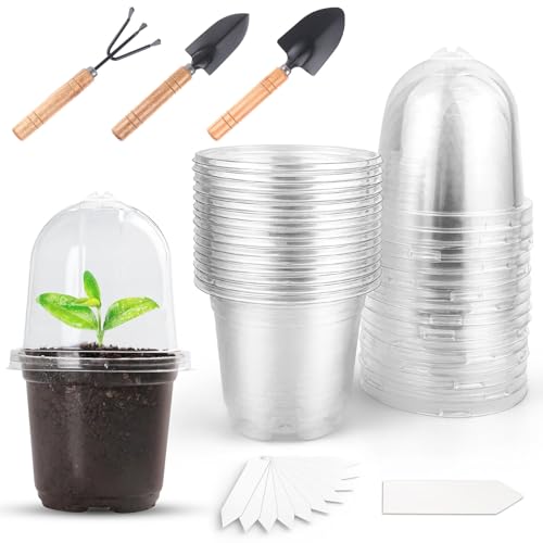 GZLCEU 15 STK Anzuchttöpfe, Anzuchttopf mit Deckel 15×9cm Setzlinge Anzucht Töpfe mit 15 STK Etikett 3 STK Gartenwerkzeug Set für Samen,Setzlinge,Sukkulenten von GZLCEU