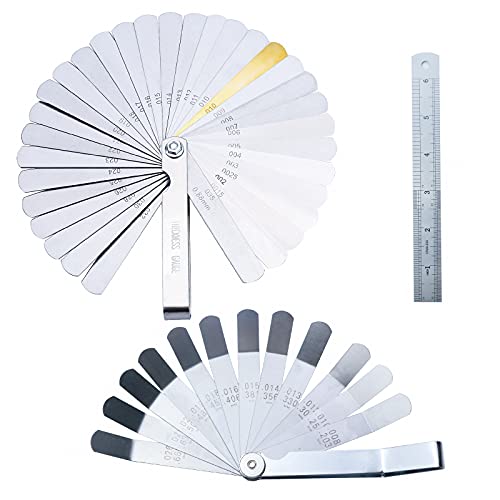 GZLCEU 32 Fühlerlehre Edelstahl Klingen, 12 Gebogene Feeler Gauge mit Stahllineal, Dual Marked Metric Imperial Ventillehre Gap Gauge für Auto Motorrad von GZLCEU