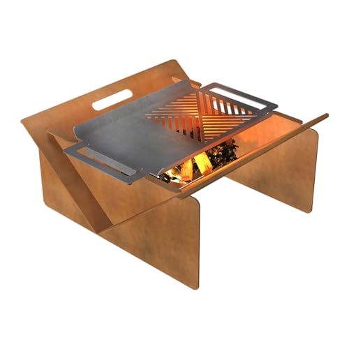 Portable Spliced Fire Pit with Grill 3mm Thick Rusty Corten Steel Spliced Fire Pit Backyard Patio Garden Suitable for Outdoor Wood Burning Outdoor Party (Large) von GZLVSOW