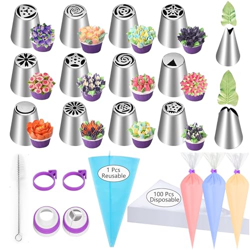 120 Stück Spritzbeutel und Düsen Set 35x21cm Backbeutel Cupcake Keks Kuchen Dekorieren Kit Zubehör 12 Blume Frosting Düsen 2 Blatt Piping Tips 2 Couplers 2 Icing Bag Ties 1 Tips Pinsel von GZMAISULEE