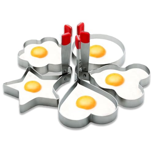 Egg Ring Formen für das Kochen 5 Stück Griddle Ei Ringe Edelstahl Ei Kochen Ringe Herz, Blume, Stern, Micha, Runde Pfannkuchen Form Set, Rot von GZMAISULEE