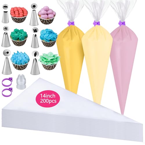 GZMAISULEE 209 Stück Spritzbeutel mit Tüllen Set, 35x21cm Einweg Spritzbeutel 200 Stück, 6 Rohrleitungsdüsen, 2 Spritzbeutelbändern, 1 Koppler von GZMAISULEE