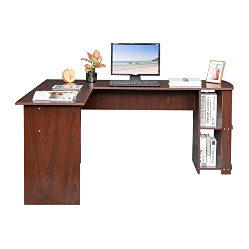 Computertische, L-förmiger PC-Schreibtisch aus Holz mit zweischichtigen Bücherregalen, rechtwinkliger Schreibtisch, Arbeitsplatz, Eck-PC-Schreibtisch mit Bücherregal, langlebige Möbel für das Hei von GZNXQEEK