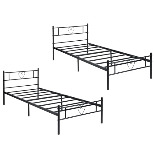 2er Set Single Bed Einzelbett Metallbett Bettrahmen Bettgestell für 90x190CM Matratze, Metall Bodenbett Schlafzimmer Bett mit Kopfteil Geeignet für Gästebett Jugendbett Seniorenbetten/Schwarz/Stil B von GZTGZMWG