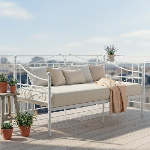 Daybed Outdoor Sofa Bett Bettgestell für 90x190CM Matratze, Familienbett Gästebett Metallbett Couchbett Sofabed Tagesbett Jugendbett Einzelbett für Schlafzimmer Wohnzimmer Veranda Hinterhof/Weiß von GZTGZMWG