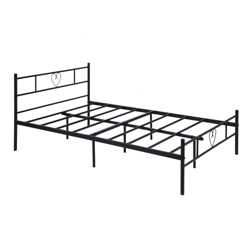 Double Bed Kleines Doppelbett Metallbett Bettrahmen Bettgestell für 120x190CM Matratze, Metall Bodenbett Schlafzimmer Bett mit Kopfteil Geeignet für Gästebett Jugendbett Seniorenbetten/Schwarz/Stil B von GZTGZMWG