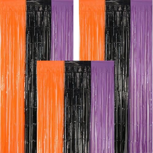 3 Stück Halloween Deko Lametta Vorhang Schwarz, 1x2M Halloween Lametta Vorhang Schwarz Orange Lila Party Vorhang Foto Hintergrund Folien Luftschlangen Deko für Halloween Dekoration Party Deko (A) von GZWY