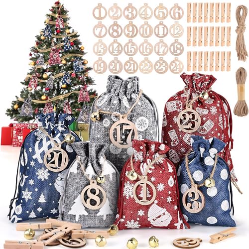 Adventskalender zum Befüllen, 24 Adventskalender Säckchen Selber Befüllen Stoff, Weihnachtsdeko mit Holzklammern, DIY Jutesäckchen Advents Weihnachtskalender Beutel für Kinder Erwachsene (B) von GZWY