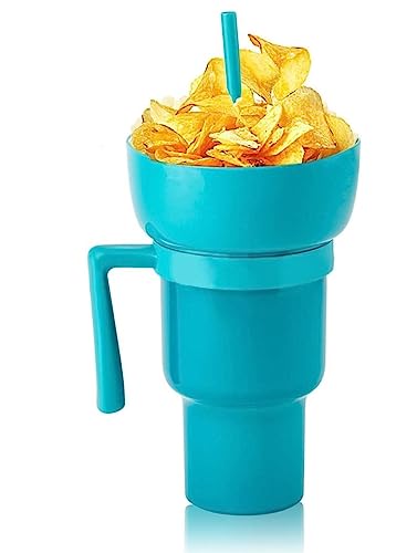 Becher mit Strohhalm und Schüssel 2 In 1 Snack & Drink Becher Cup Bowl Combo Stadium Tumbler mit Snack Bowl, Tragbare Auslaufsichere Getränketasse Snack Bowl für Kino, Zuhause, Reisen (Grün) von GZWY