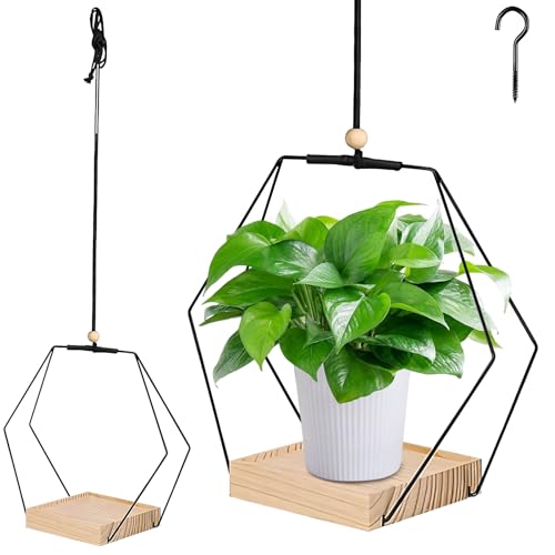 Blumentopf Hängend, Blumenampel Hängend Innen, Fensterdeko Hängend Metallring mit Holzsockel, Hängetopf für Pflanzen, Boho Deko Makramee Blumenampel für Innen Außen Deko Wohnzimmer Balkon Deko (C) von GZWY