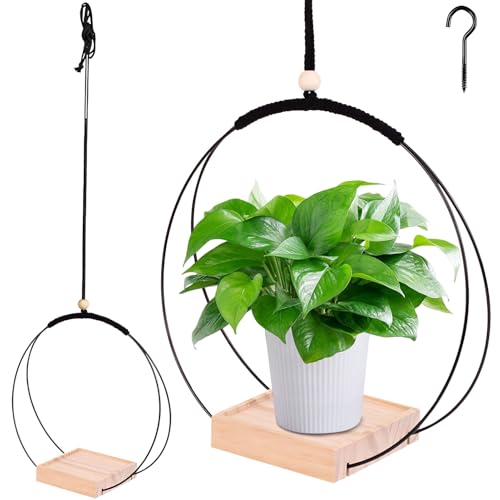 Blumentopf Hängend, Blumenampel Hängend Innen, Fensterdeko Hängend Metallring mit Holzsockel, Hängetopf für Pflanzen, Boho Deko Makramee Blumenampel für Innen Außen Deko Wohnzimmer Balkon Deko (B) von GZWY