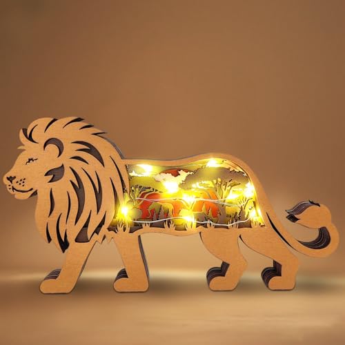 Elefant Deko mit LED Nachtlicht, Holz Tiere Statuen Eule Löwe Deko Skulptur Handwerk Ornamente Hölzerne Statue Deko für Schlafzimmer Wohnzimmer Kinderzimmer Tisch Wand Dekoration (Löwe) von GZWY