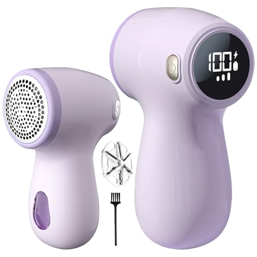 Fusselrasierer Elektrisch, Tragbarer Aufladbar Fusselentferner, Lint Remover mit LED Anzeige mit 2 Klingen, Typ-C-Ladekabel und Reinigungsbürste, Kompletter Fusselrasierer für alle Stoffe (Lila) von GZWY