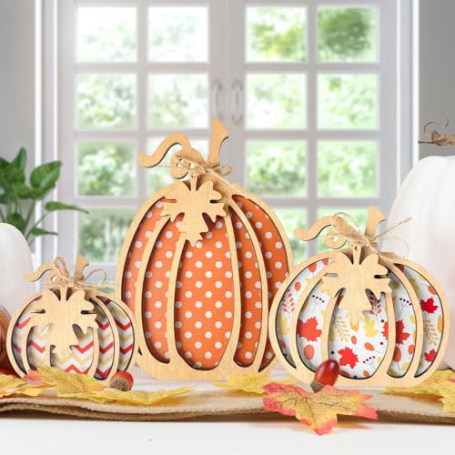 GZWY Herbstdeko Kürbis Deko, 3 Stück Herbst Deko Kürbis Schild aus Holz, Herbstdeko Innen Kürbisdeko Holzschild mit Ahornblatt für Herbst Dekoration Thanksgiving Halloween Wohnzimmer Tischdeko (A) von GZWY