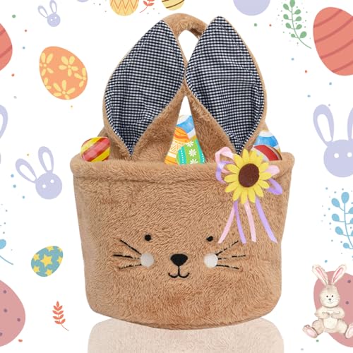 GZWY Osterkorb Kinder, Osterkörbchen mit Faltbaren Ohren und Sonnenblumen Dekoration Filztasche Osterhase, Osterkörbe mit Henkel für Ostereiersuche (Braun) von GZWY