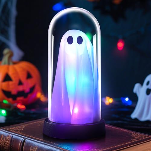 Halloween Deko Geister Lantern, Leuchtende Geist mit Hexenhut in Glasglocke, Helloween Dekoration Innen Ghosts Horror Deko Nachtlicht Batteriebetrieben für Halloween Tischdeko, Party Deko (B) von GZWY