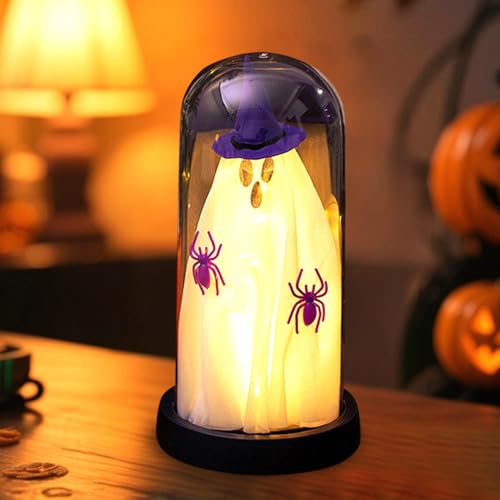 Halloween Deko Geister Lantern, Leuchtende Geist mit Hexenhut in Glasglocke, Helloween Dekoration Innen Ghosts Horror Deko Nachtlicht Batteriebetrieben für Halloween Tischdeko, Party Deko (C) von GZWY