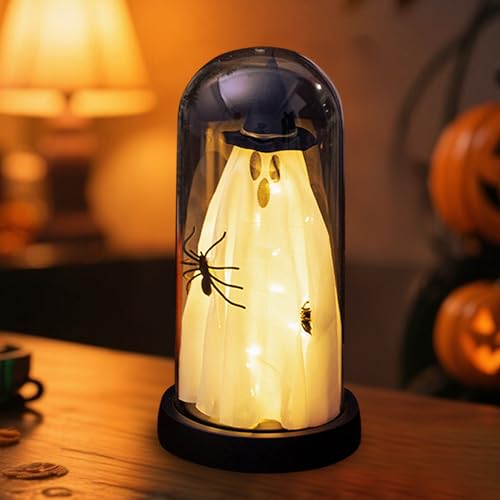 Halloween Deko Geister Lantern, Leuchtende Geist mit Hexenhut in Glasglocke, Helloween Dekoration Innen Ghosts Horror Deko Nachtlicht Batteriebetrieben für Halloween Tischdeko, Party Deko (D) von GZWY