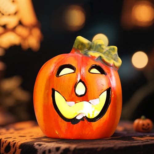 Halloween Deko Kürbis Laterne, 2 Stück LED Kürbis Skelett Deko Halloween Laterne mit LED Kerze, Keramik Beleuchtet Laterne für Helloween Dekoration Innen Outdoor Garten, Helloween Tischdeko (A) von GZWY