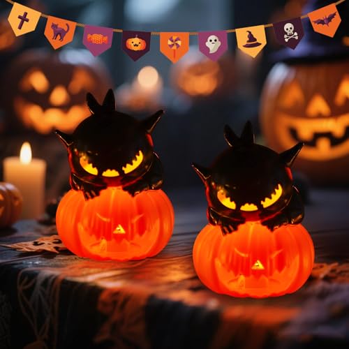 Halloween Deko Kürbis Schwarz Katz mit LED Licht, Halloween Kürbis Laterne mit Schwarz Katze Figuren Nachtlicht, LED Kürbis Deko Laterne Batteriebetriebene für Helloween Herbstdeko (2) von GZWY