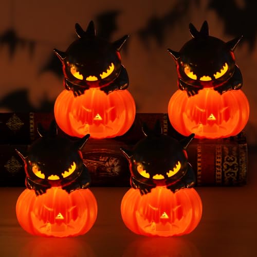 Halloween Deko Kürbis Schwarz Katz mit LED Licht, Halloween Kürbis Laterne mit Schwarz Katze Figuren Nachtlicht, LED Kürbis Deko Laterne Batteriebetriebene für Helloween Herbstdeko (4) von GZWY