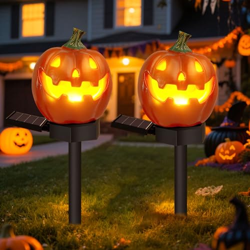 Halloween Deko Kürbis Solarlampe für Außen, Herbstdeko Kürbis Deko Solarleuchten für Außen, Wasserdicht Halloween Dekoration Outdoor Garten LED Gartenleuchten für Terrasse Rasen Hof Gartendeko (2pcs) von GZWY
