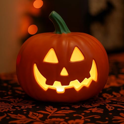 Halloween Deko LED Kürbis Laterne, Kunststoff Leuchtende Kürbisse Laterne, Halloween Deko Outdoor Kürbis Lichter, Beleuchtete Kürbislaterne mit Gesicht für Erntedankfest Helloween Herbstdeko (A) von GZWY