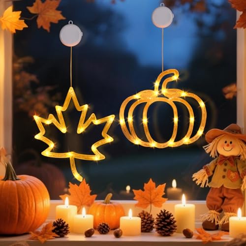 Herbstdeko Fensterlichter, Herbst Dekoration Kürbis Ahornblatt mit LED Licht,Halloween Deko Kürbis Fensterdeko mit Saugnapf, Herbstdeko Innen Lichterkette für Herbst Halloween (2er-Pack) von GZWY