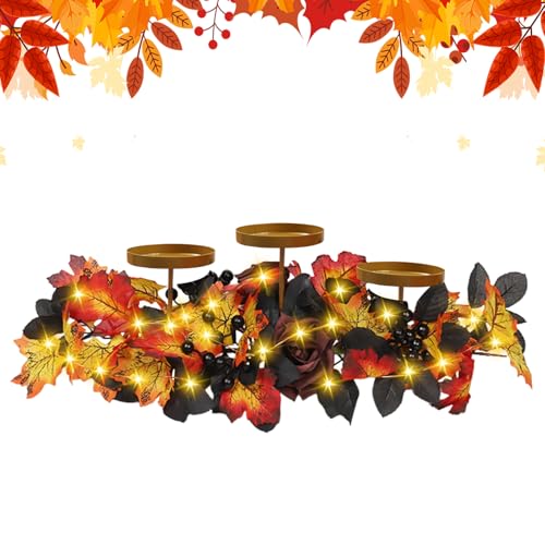Herbstdeko Kerzenhalter mit LED Lichterkette, Herbstkranz Kerzenständer Metall, Adventskranz Herbst Kranz Teelichthalter mit Künstliche Ahornblattern und Blume Tischkranz für Tisch, Küche, Kamin (B) von GZWY